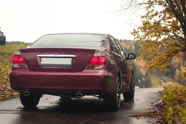 Kiraz kırmızısı 4 kapılı sonbahar sahnesi d sınıfı sedan Toyota Camry beşinci nesil XV30 2001-2006 Yazın yeşil bir tarla ve arka planda duran büyük farlar ve 18 inç jantlarla