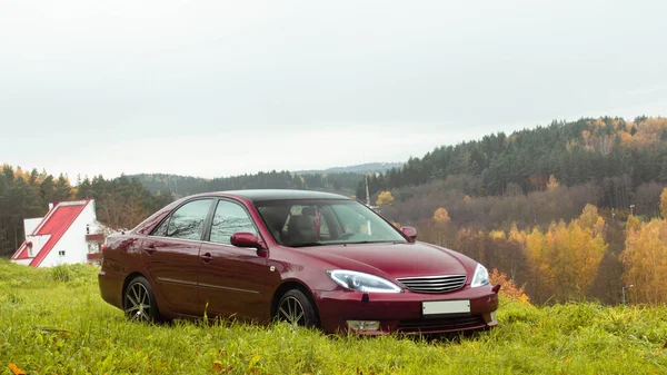 Kiraz kırmızısı 4 kapılı sonbahar sahnesi d sınıfı sedan Toyota Camry beşinci nesil XV30 2001-2006 Yazın yeşil bir tarla ve arka planda duran büyük farlar ve 18 inç jantlarla