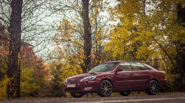 Höstscen Med Körsbärsröd Dörrars Familj Klass Sedan Toyota Camry Femte — Stockfoto