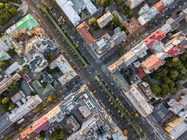 Central district with green boulevard in Kyiv. Top view panoramic photo. Horizontal.