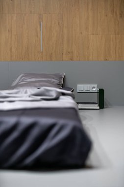 Gri podyumu ve uyku yeri olan modaya uygun modern iç mekan