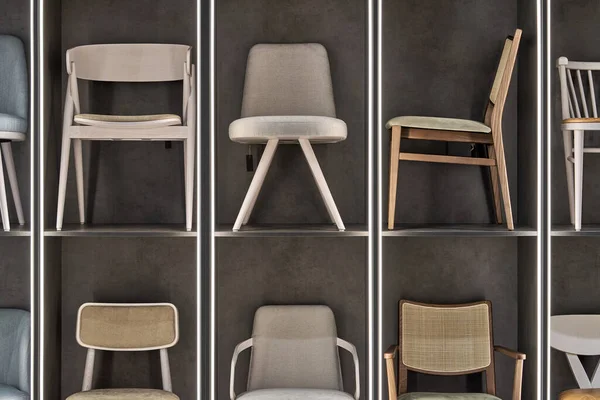 Installation of shelves with many different chairs — Stock Photo, Image