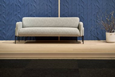 Mavi duvarları ve kanepesi olan parlak bir iç mekan.