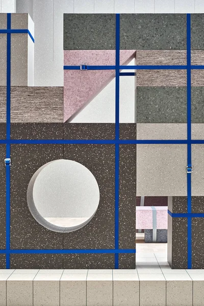 Освещённый интерьер с различными геометрическими каменными блоками — стоковое фото