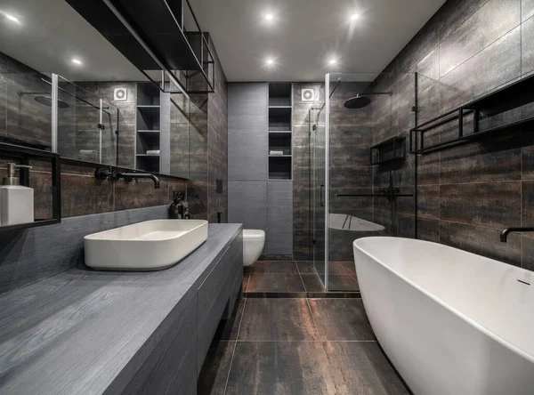 Interior of luminous modern bathroom with bronze walls — Stock Photo, Image