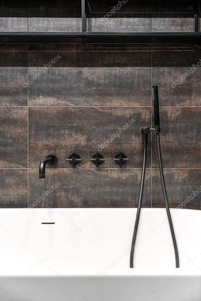 Interior of luminous modern bathroom with bronze walls