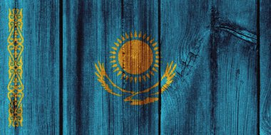 Arka plan için ahşap duvar boyalı Kazakistan bayrağı