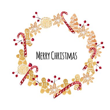 Beyaz arka planda izole edilmiş kurabiyelerden suluboya Noel çelengi