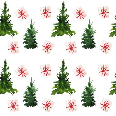 Yeşil köknar ağaçlarıyla kusursuz desenli suluboya.