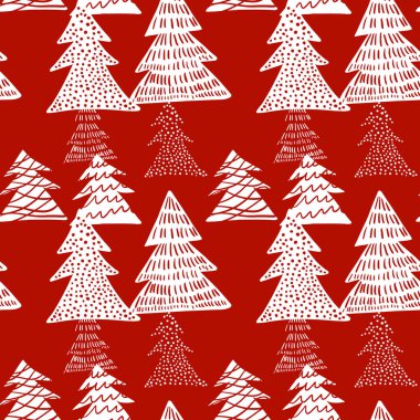 Kırmızı arkaplanda kusursuz desenli Noel ağacı el çizimi tasarımı