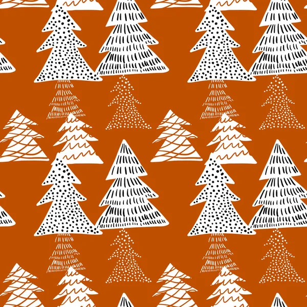 Naadloos patroon witte dennenboom handtekening ontwerp op oranje achtergrond. — Stockvector