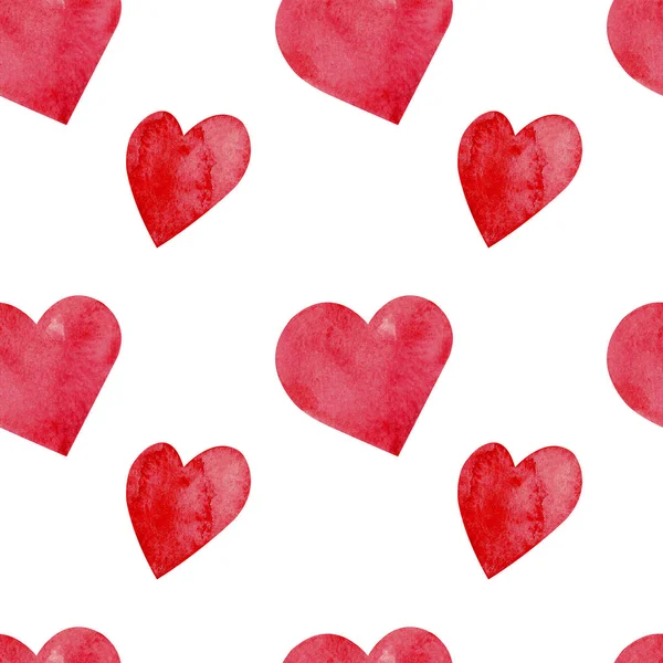 Płynny wzór z ręcznie malowane akwarelowe czerwone serca na białym tle. Idealny na Walentynki — Zdjęcie stockowe