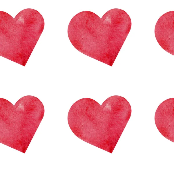 Kusursuz desenli, elle boyanmış suluboya, beyaz arka planda kırmızı kalpler. Sevgililer Günü için mükemmel. — Stok fotoğraf