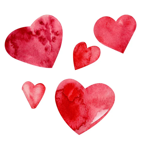 Set abstrakte handgezeichnete Aquarelle rote Herzen isoliert auf weißem Hintergrund — Stockfoto