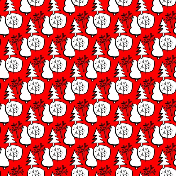 Vector winter bos met de hand getekend patroon rood witte kleur — Stockvector