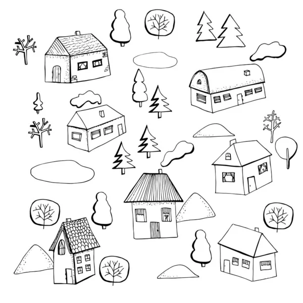 Casas y árboles vectoriales Conjunto de dibujo a mano aislado — Vector de stock