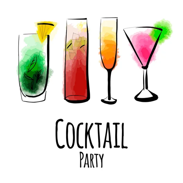 Gläser mit verschiedenen Coctailes, ein Cocktail Party Vektor Illustration isoliert auf weiß — Stockvektor