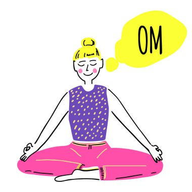 Vektör illüstrasyonlu kadın meditasyon yaptı, yoga egzersizi beyazlar üzerinde izole edildi