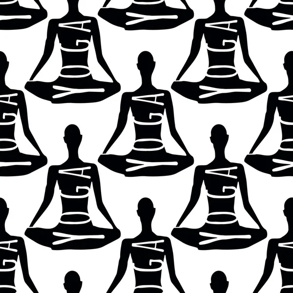 Pattern vector illustration black silhouette with text yoga sitting in lotus pose on white — 스톡 벡터