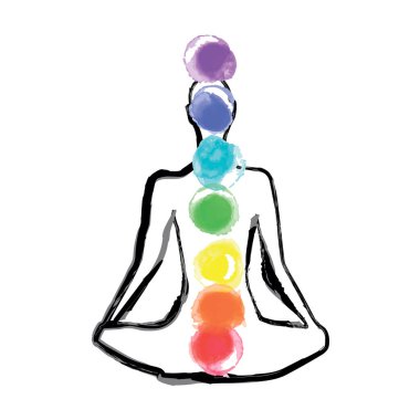 Vector illustration. silhouette sitting in lotus pose of yoga with chakras colors Isolated on white