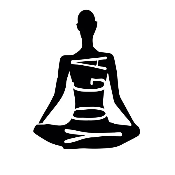 Ilustración vectorial dibujada a mano. Silueta negra aislada con texto yoga sentado en pose de loto sobre blanco — Archivo Imágenes Vectoriales