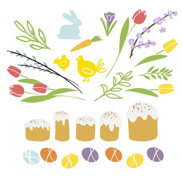 Ilustración vectorial conjunto de elementos de diseño de Pascua colección de símbolos tradicionales pastel de Pascua y huevo, flores de primavera Feliz tarjeta de felicitación de Pascua en color pastel — Archivo Imágenes Vectoriales