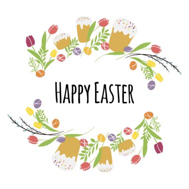 Vector illustration Easter wreath with traditional symbols collection- Easter cake and egg, spring flowers