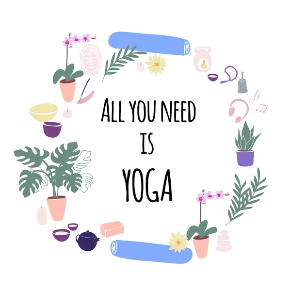 Illustrazione corona Yoga con candele, stuoia di yoga, lampada dell'aroma, orchidea, loto, rosario, buddha, teiera e tazze in stile cartone animato — Vettoriale Stock