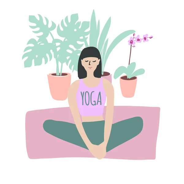 Chica haciendo yoga. Yoga en casa aislado en blanco — Archivo Imágenes Vectoriales