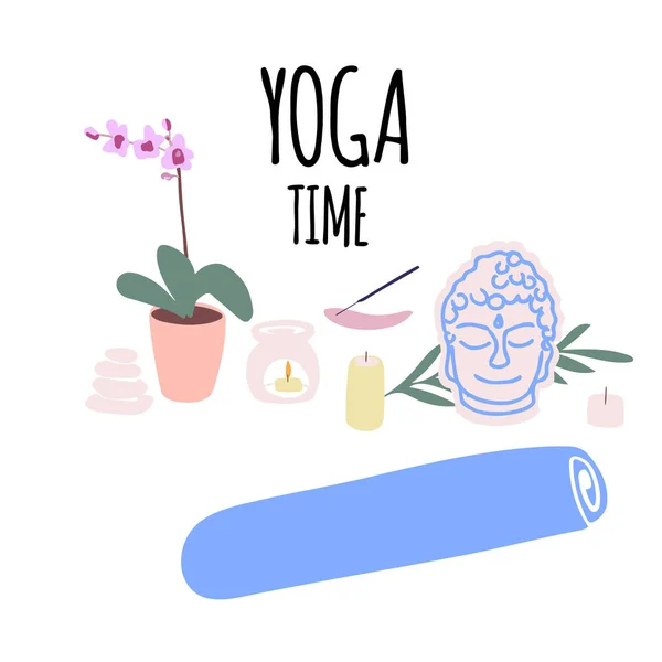 Ilustração de itens para ioga e meditação, tapete de ioga, lâmpada de aroma, velas no estilo dos desenhos animados — Vetor de Stock