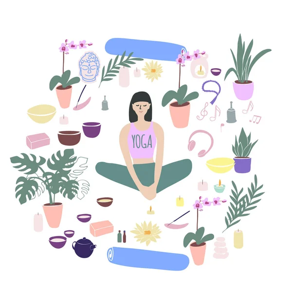 Conjunto de yoga. Chica haciendo yoga. Yoga en casa, esterilla de yoga, plantas, velas . — Vector de stock