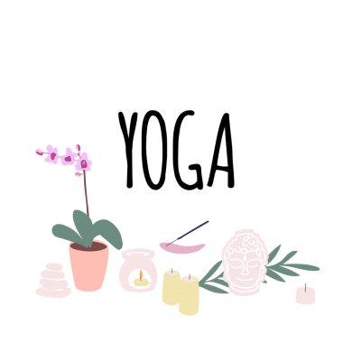 Yoga ve meditasyon için eşyalar, yoga minderi, aroma lambası, çizgi film tarzında mumlar.
