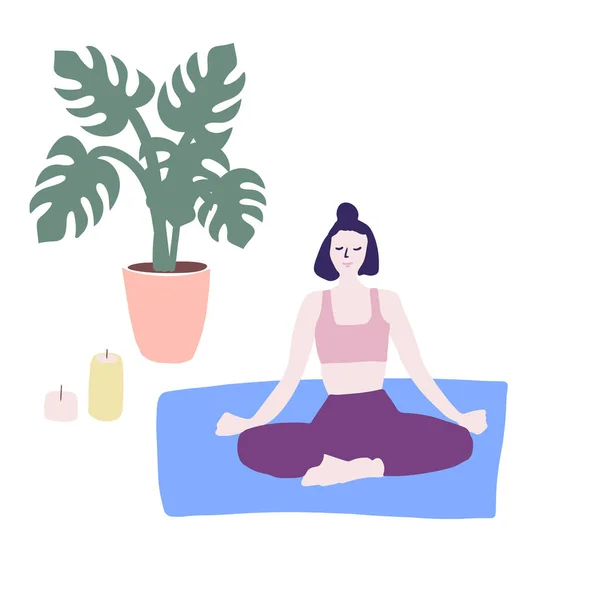 Ilustração de mulher fazendo asana. Yoga em casa — Vetor de Stock