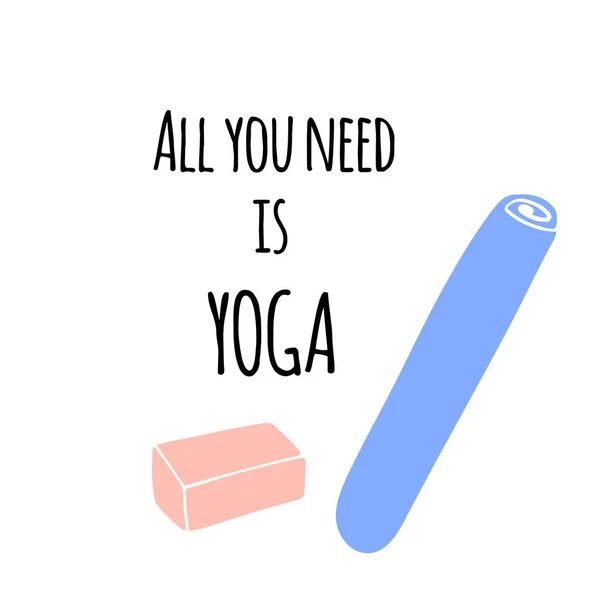 Illustrazione tappetino yoga e mattone yoga in stile cartone animato — Vettoriale Stock