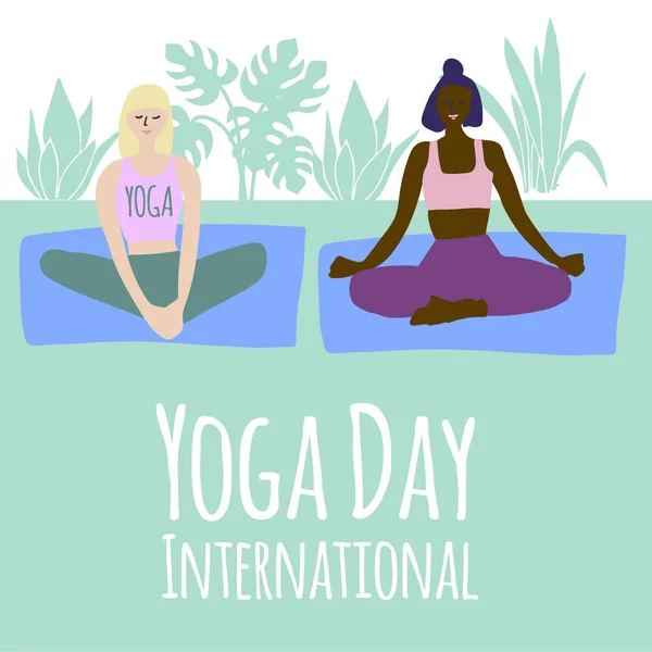 Ilustração do Dia Internacional de Yoga duas mulheres fazendo asana na natureza —  Vetores de Stock