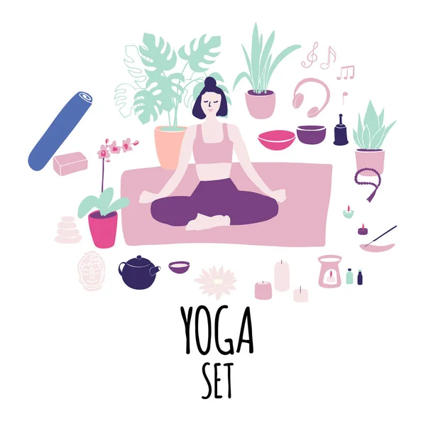 Yoga set. Girl doing yoga. Yoga at home — Stock Vector