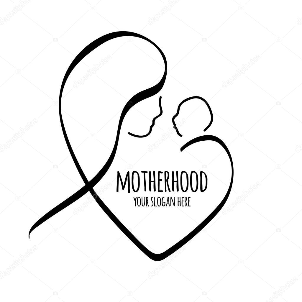 Vector line illustration Mother holding newborn baby. Motherhood. Contour symbol. isolated outline drawing.