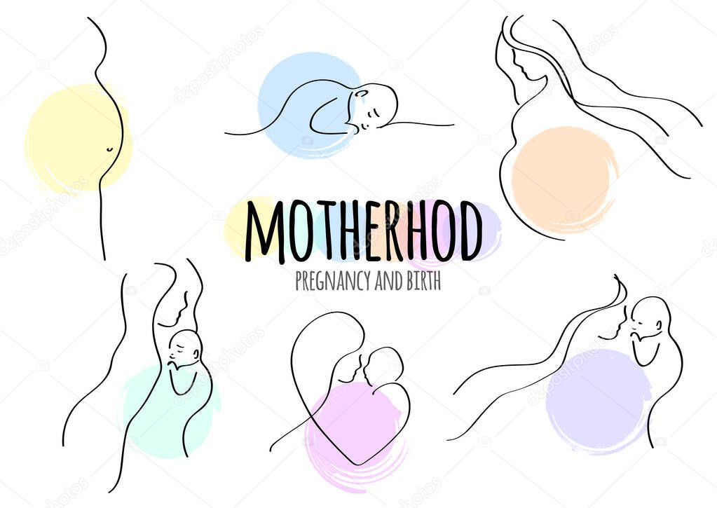 Vector line illustration Mother holding newborn baby. Motherhood. Contour symbol. isolated outline drawing.