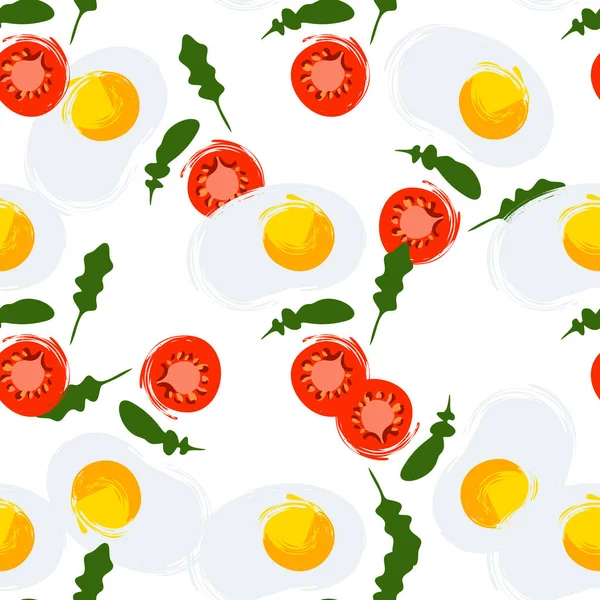 Modèle sans couture avec des tranches d'oeufs de tomate et de roquette sur un fond blanc — Image vectorielle