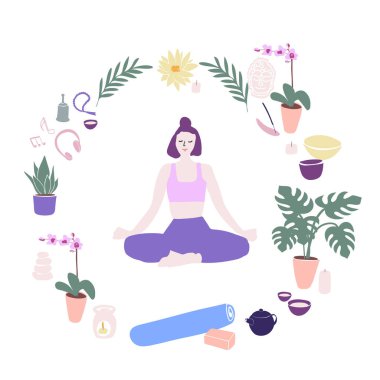 Yoga seti. Yoga yapan bir kız. Evde yoga.