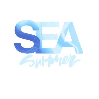 Yaz baskısı tasarımı için el yazısı olan deniz yaratıcı tipografisi sözcüğüyle Parlak Vektör illüstrasyonu