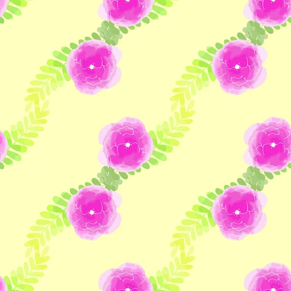 Ilustración vectorial patrón sin costura acuarela flores rosadas en amarillo claro — Archivo Imágenes Vectoriales