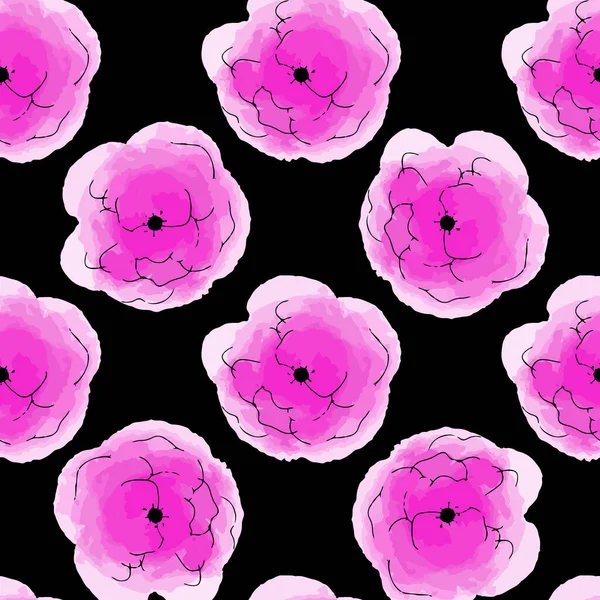 Vektor illustration sömlös mönster akvarell rosa blommor på svart — Stock vektor
