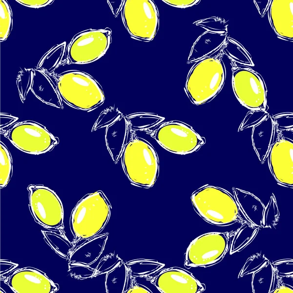 Wektor ilustracja bezszwowy wzór cytryna na ciemnoniebieskim kolorze — Wektor stockowy