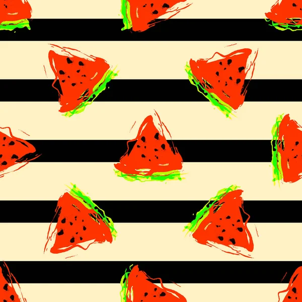 Mustervektorillustration Wassermelone auf hellgelbem Hintergrund mit schwarzen Streifen — Stockvektor