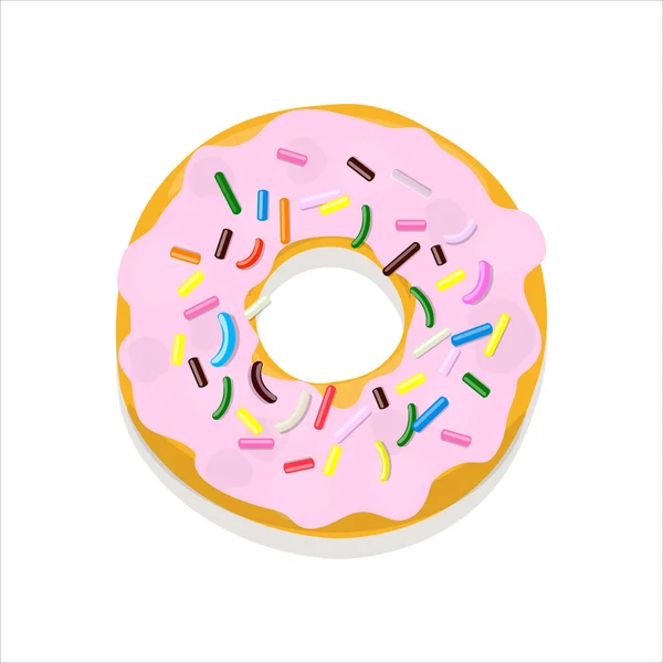 Векторная иллюстрация пончика в розовой глазури с разноцветной кондитерской начинкой, изолированной на белом — стоковый вектор
