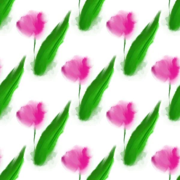 白の上に水彩画のスタイルでイラストピンクのチューリップとベクトルシームレスパターン — ストックベクタ