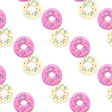 Beyaz üzerine pembe ve açık renkli donutların vektörsüz desenli çizimi