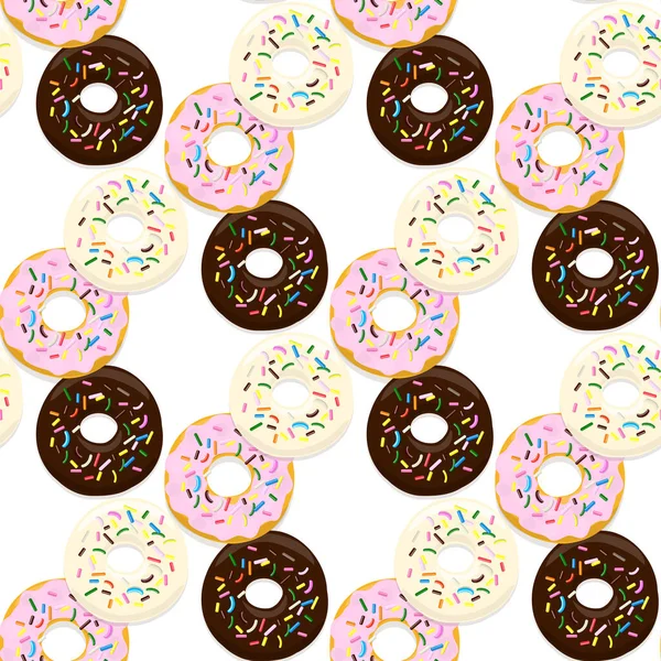 Vektor nahtlose Musterillustration von Donuts in Schokolade, rosa und heller Glasur auf einem weißen — Stockvektor