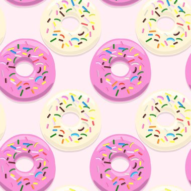 Açık pembe üzerine pembe ve açık renkli donutların vektörsüz desenli çizimi